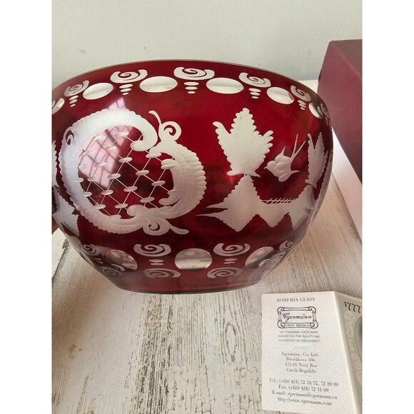 Egermann Red Ruby bowl lazure Bohemian centerpiece deer scene building - Picture 3 of 10